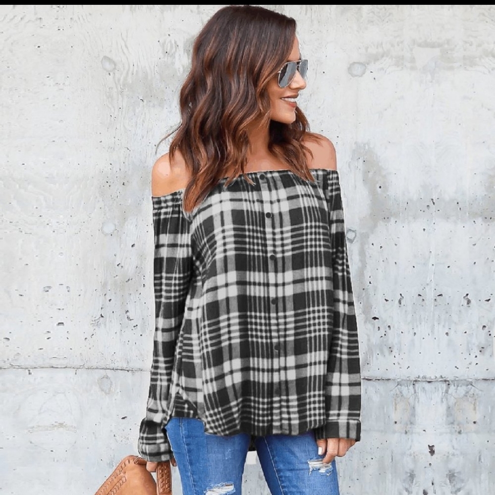 Black Off The Shoulder Long Sleeve Plaid Shirt